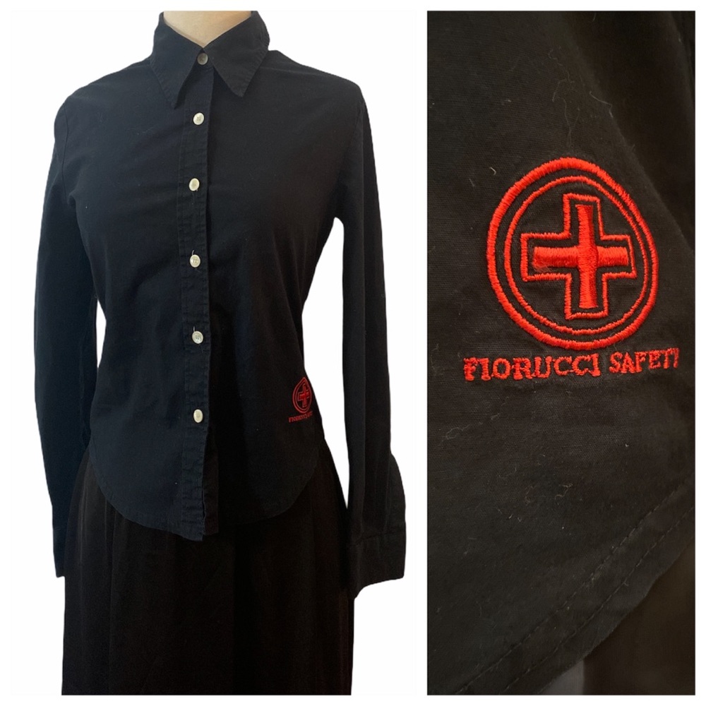 1980’s Vintage Fiorucci Safety Jeans Fitted Black Button Down Top, ‎ XS/S